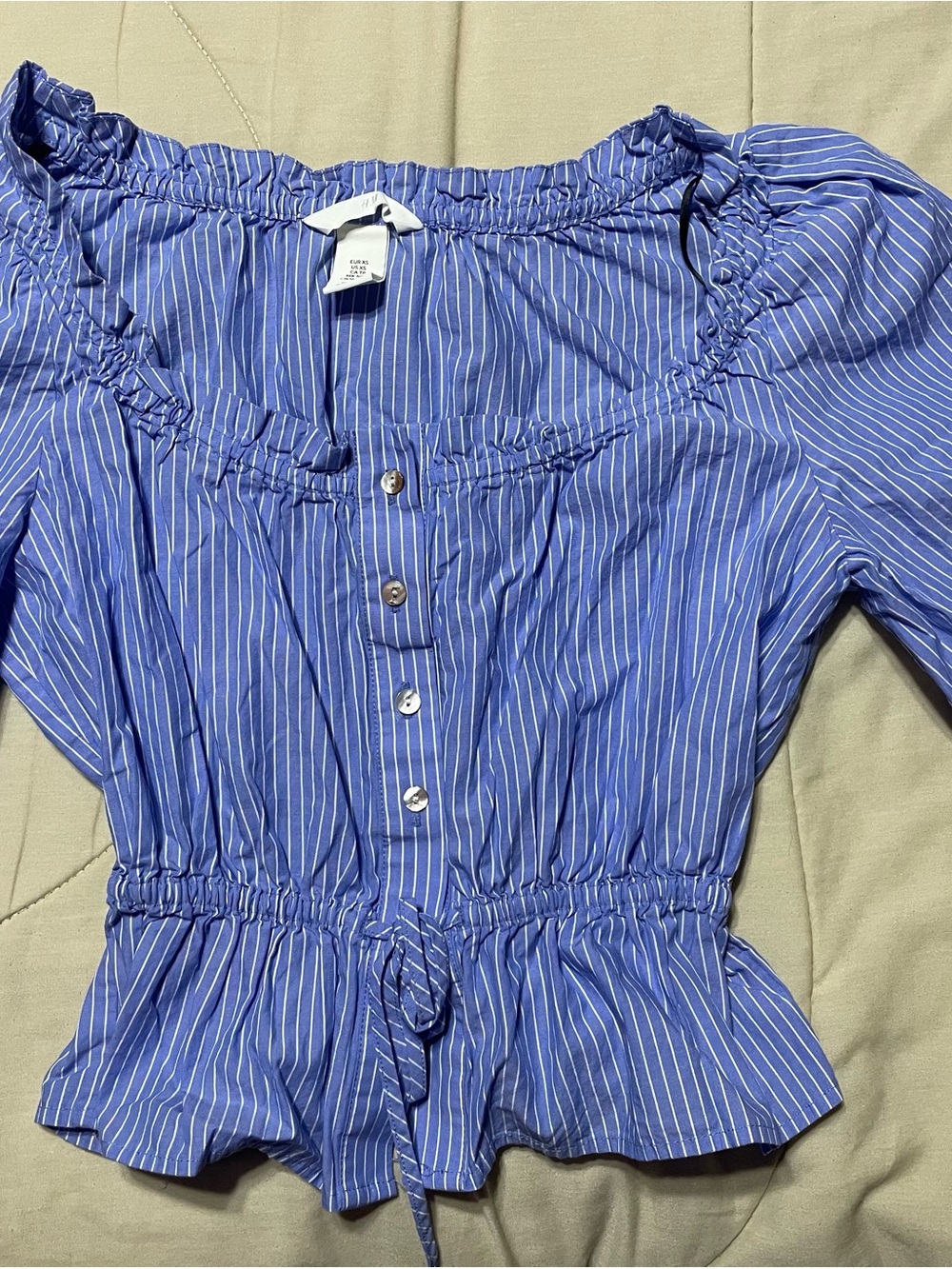 H&M Blue and White Striped Off-Shoulder Button Front Peplum Top